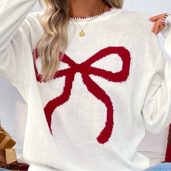 Halo & Harley Sweaters - Chic White Sweater with Red Bow Design